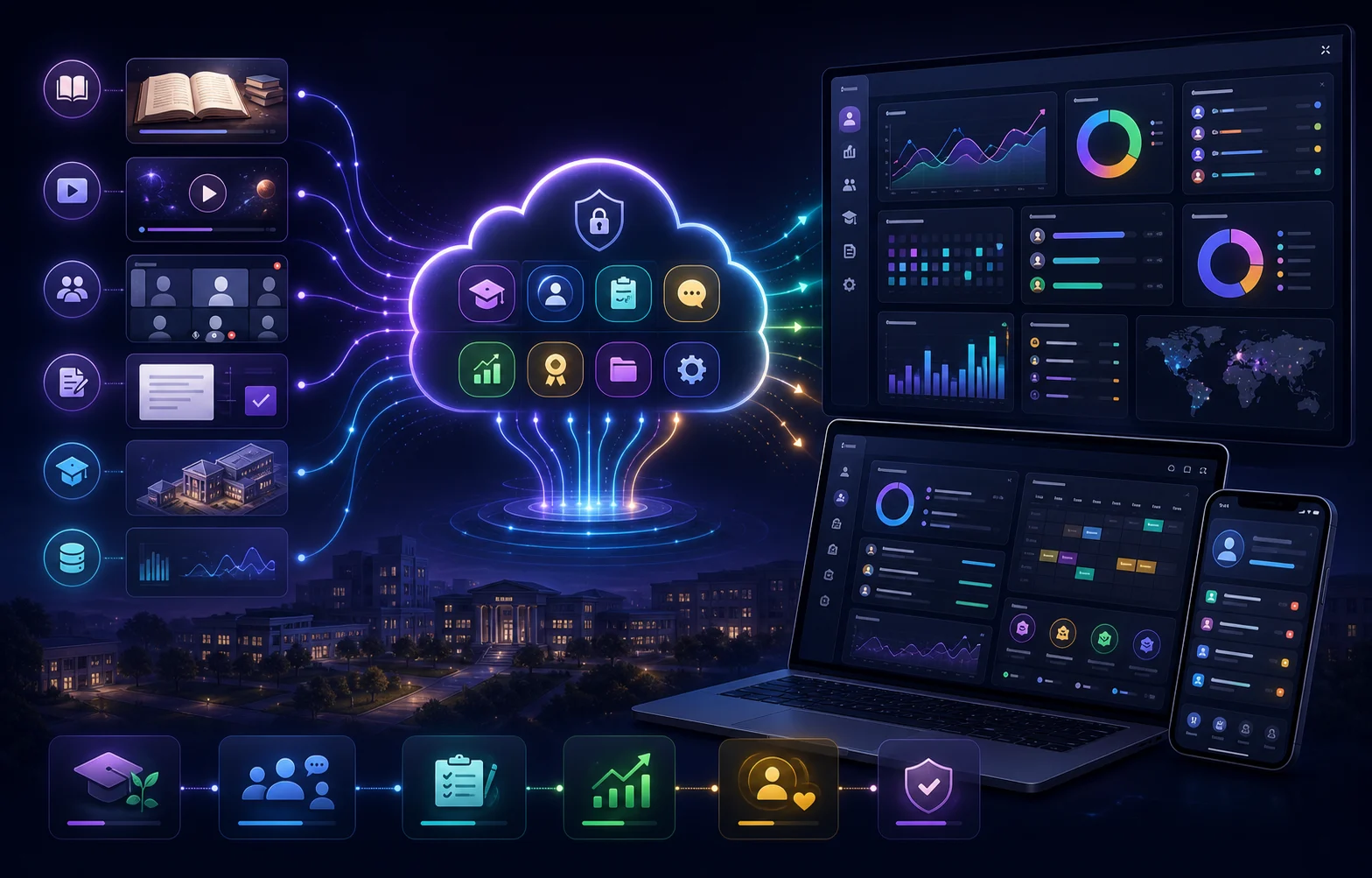 Courses, virtual classes, assessments, and campus data connected to learner, teacher, and institution dashboards