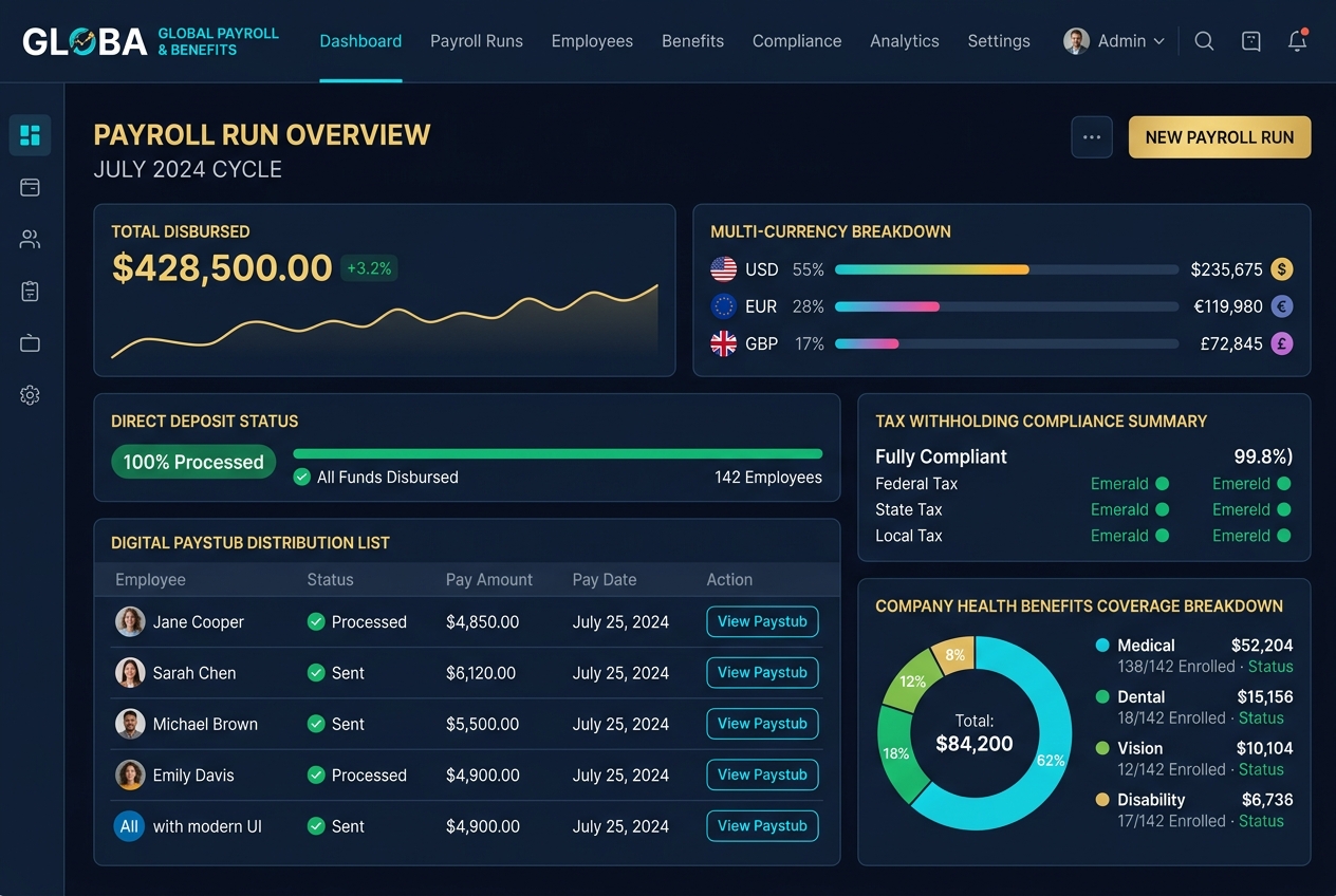 Global Payroll and Benefits Management Platform Interface