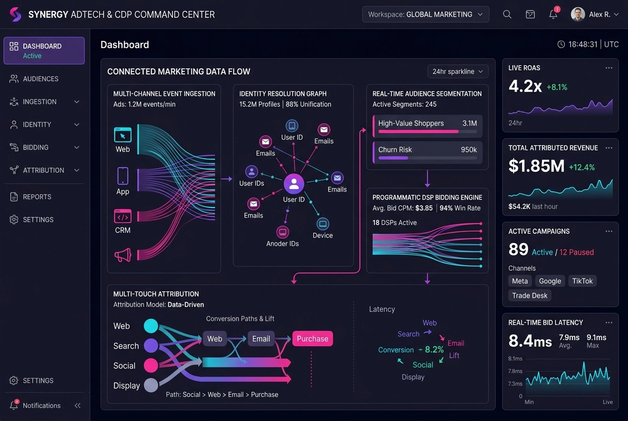 Customer Data Platform, Programmatic RTB Bidding, and Multi-Touch Attribution Ecosystem Command Center