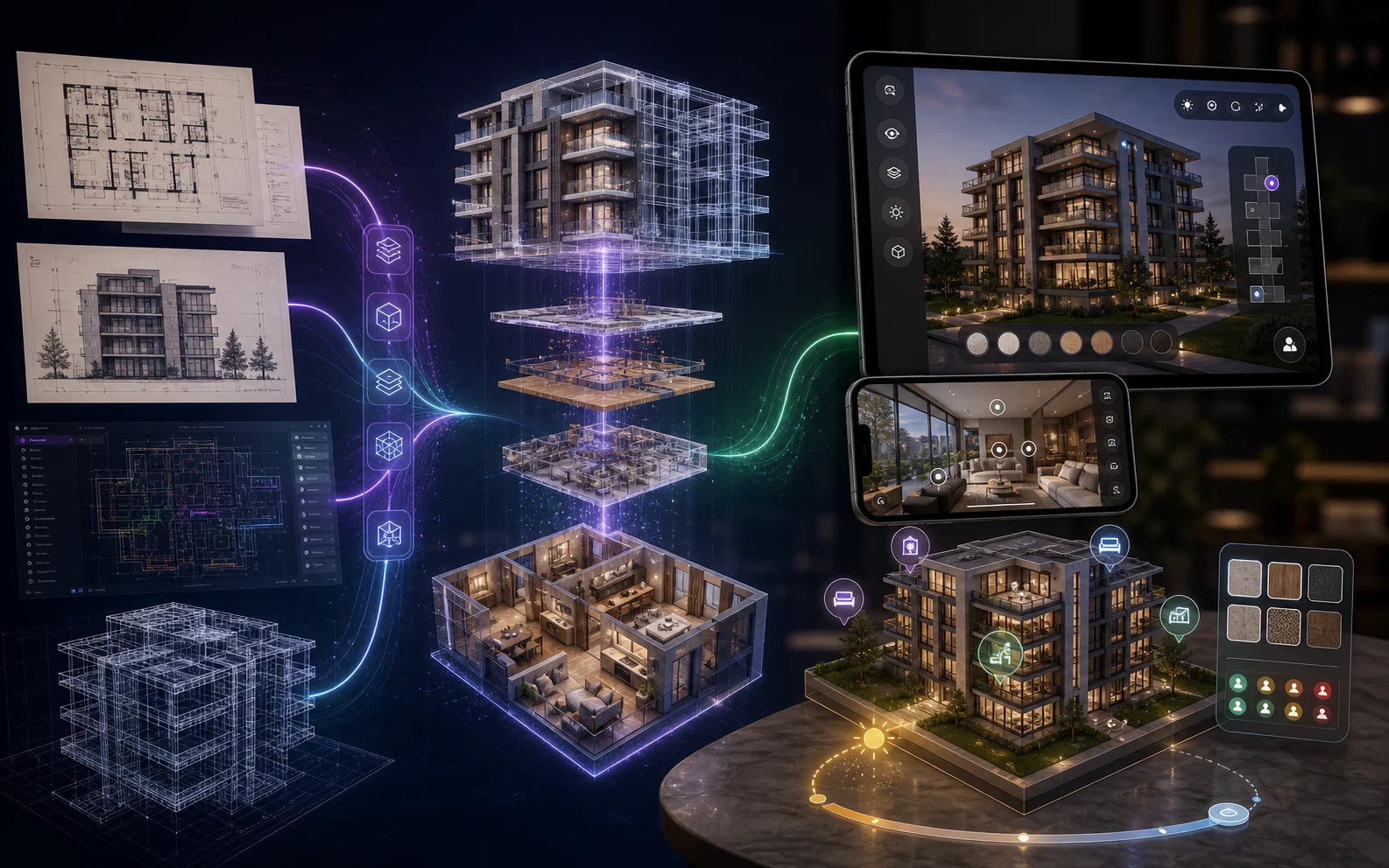 Architectural floor plans and BIM designs transformed into interactive 3D property tours and mobile augmented reality experiences