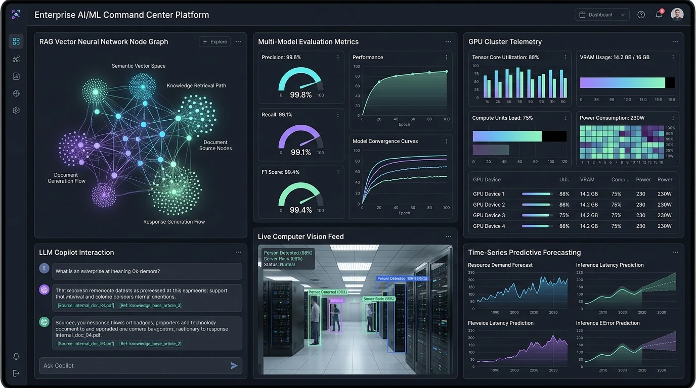 Private enterprise AI platform showing retrieval, model evaluation, computer vision, and MLOps monitoring