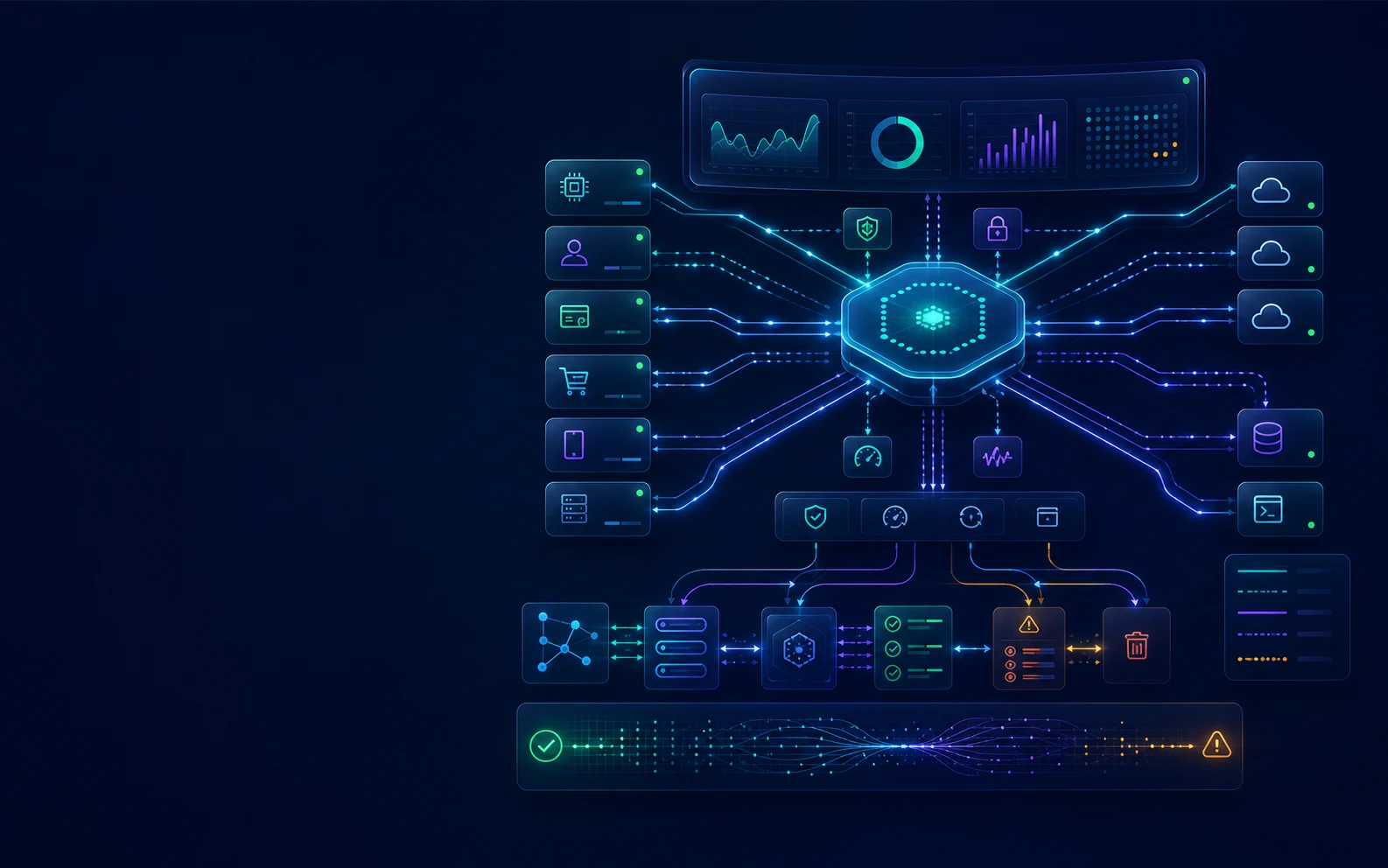 Enterprise integration platform connecting APIs, business systems, event streams, gateways, and delivery monitoring
