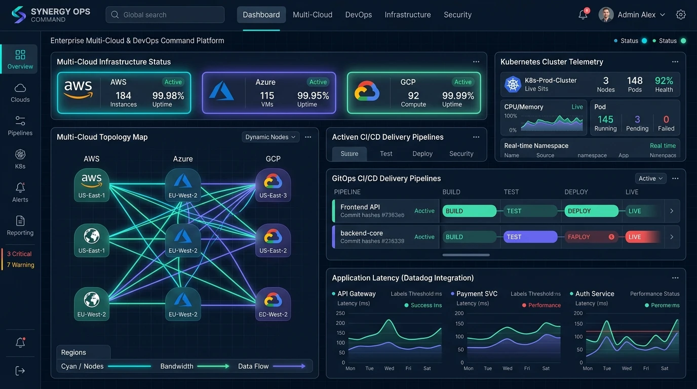 Unified multi-cloud platform connecting regions, Kubernetes, delivery pipelines, security, and observability