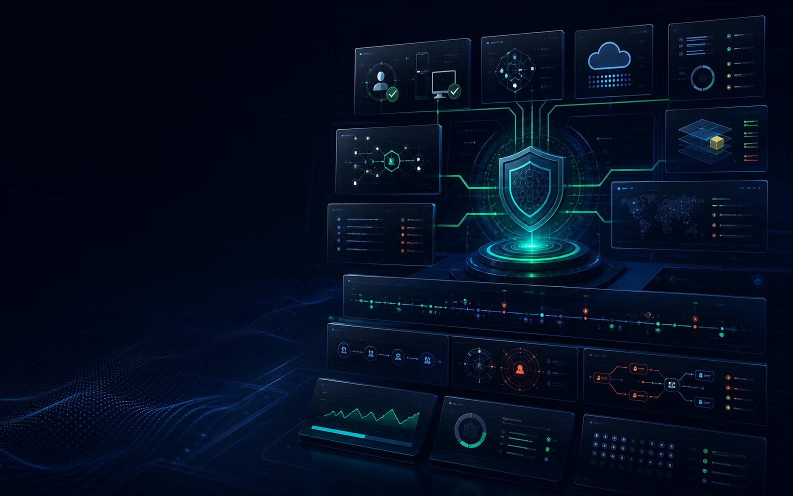 Enterprise security operations platform showing identity, application protection, threat detection, response, and compliance evidence
