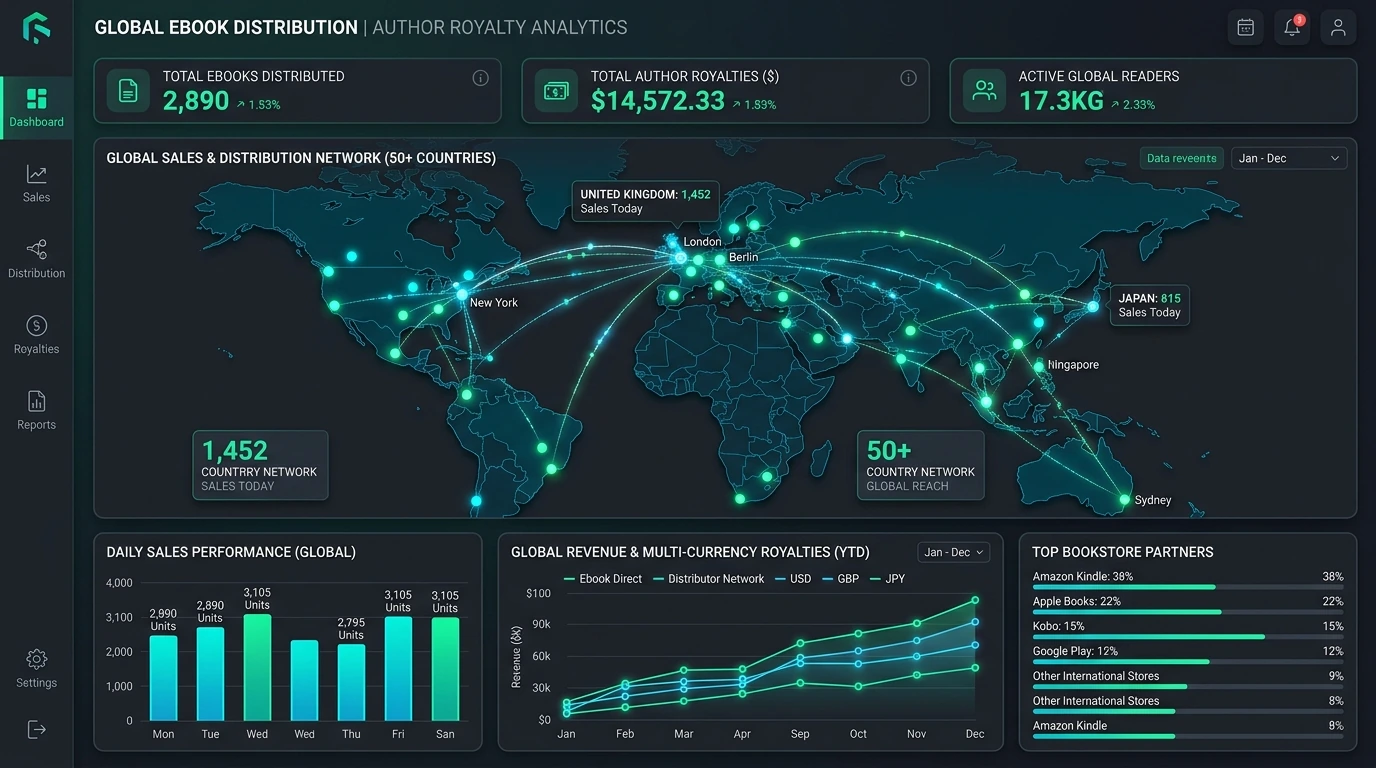 Global eBook distribution analytics dashboard and world sales map