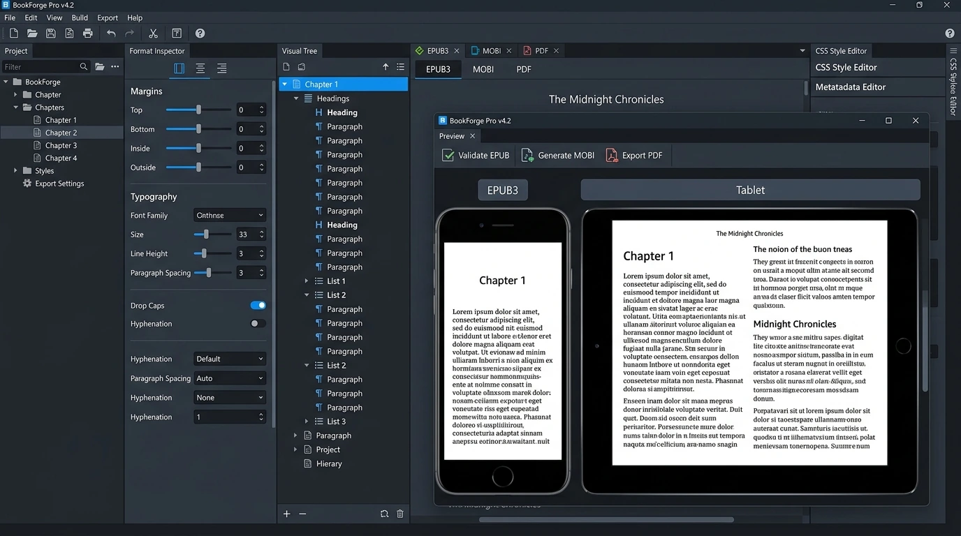 Professional eBook typesetting suite showing responsive preview on phone and tablet